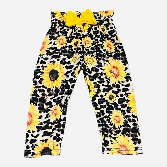 Girls 12-18 Months Sunflower/leopard Print Pants with Yellow Bow ruffled waist - Picture 1 of 10